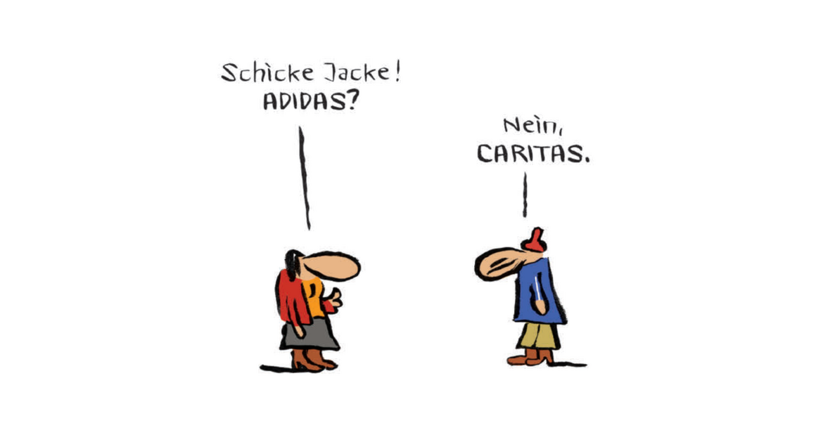 2 Comicfiguren mit Caritas Jacke